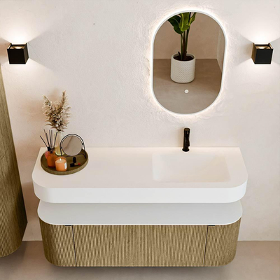 MONDIAZ THOR Meuble de salle de bains 140cm arrondi gauche + droite couleur Dusk avec 1 tiroir et 2 portes. Vasque suspendue CLOUD Droite 1 trou de robinet couleur Talc.