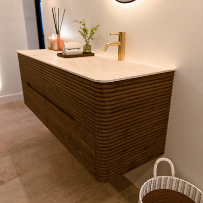 Mondiaz CIRO-DLUX Badkamermeubelset - 140x45x50cm - Solid surface wastafel Meli - 1 wasbak Rechts - 1 kraangat - 4 lades - Dusk