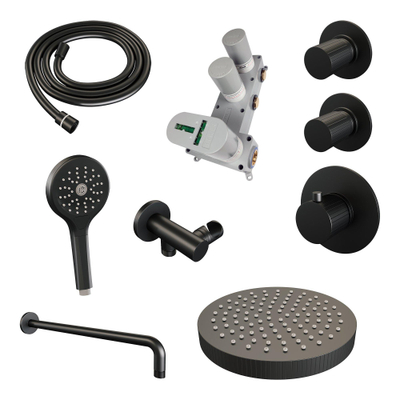 BRAUER Stripe Thermostatische Inbouw Regendouche - SET 05 - 25cm douchekop - gebogen muurarm - 3-standen handdouche - doucheslang - wandaansluitbocht - mat zwart