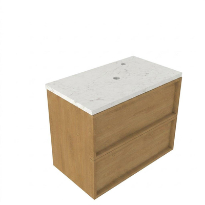 Saniclass Holz Frame Ensemble meuble de salle de bains - 80x45x63cm - Plan vasque en marbre Dia poli (blanc) - 1 trou de robinetterie - 2 tiroirs - chêne naturel mat (bois)