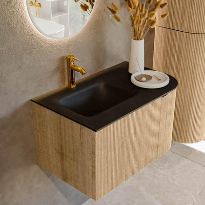 MONDIAZ KURVE meuble de salle de bains 75cm avec module 25 R couleur chêne avec 1 tiroir et 1 porte. Lavabo GRUNNE gauche 1 trou de robinetterie Urban.