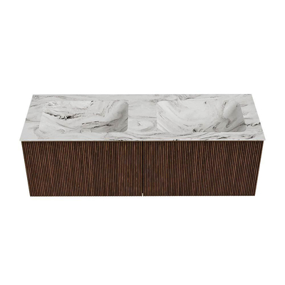 MONDIAZ KURVE-DLUX 130cm badmeubel kleur Walnut met 2 lades. Wastafel LEAF dubbel zonder kraangat kleur Glace.