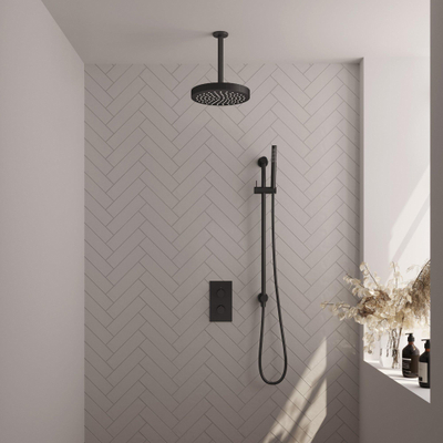 BRAUER Stripe Thermostatische Inbouw Regendouche - 3-weg - rechthoekig - SET 21 - 25cm douchekop - plafondarm - staaf handdouche - doucheslang - geïntegreerde glijstang - mat zwart