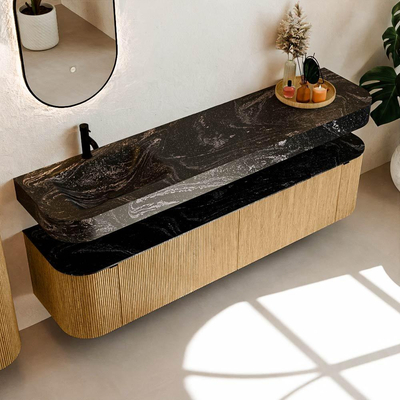 MONDIAZ THOR-DLUX Meuble de salle de bains 190cm arrondi gauche + droite couleur Oak avec 2 tiroirs et 2 portes. Vasque suspendue CLOUD Gauche 1 trou de robinet couleur Lava.