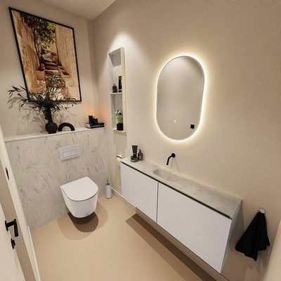 MONDIAZ TURE-DLUX Meuble de toilettes 120 cm Linen. Lavabo EDEN Opalo position milieu. Sans trou de robinet.