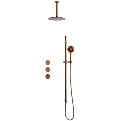 Fortifura Nebbio Regendoucheset - inbouwkraan - inbouwdeel - glijstang - doucheslang glad - ronde handdouche - 20cm plafondarm - ronde hoofddouche - PVD - geborsteld koper