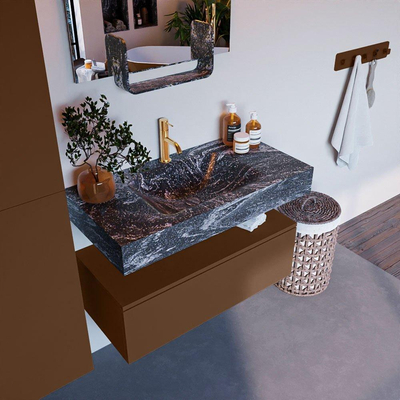 Mondiaz ALAN-DLUX Ensemble de meuble - 90cm - meuble Rust mat - 1 tiroir - Lavabo Cloud Lava suspendu - vasque Centre - 1 trou de robinet