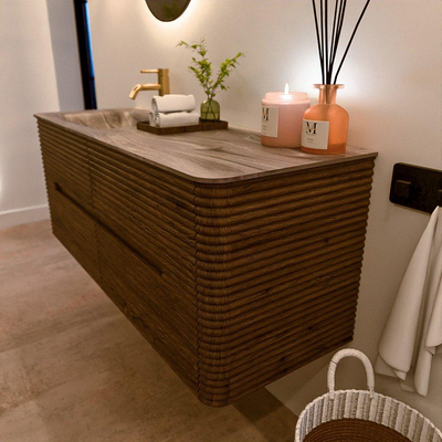 Mondiaz CIRO-DLUX Badkamermeubelset - 130x45x50cm - Solid surface wastafel Sombra - 1 wasbak Links - 1 kraangat - 4 lades - Dusk