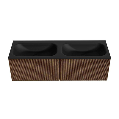 MONDIAZ KURVE 140cm Meuble salle de bain - couleur Walnut - 2 tiroirs - vasque BIG SMALL double - sans trous de robinet - Urban