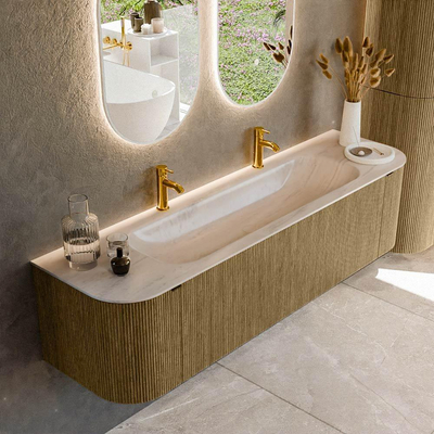 MONDIAZ KURVE-DLUX 170cm badmeubel ronding Links + Rechts kleur Dusk met 1 lade en 2 deuren. Wastafel BIG LARGE Midden 2 kraangaten Meli.