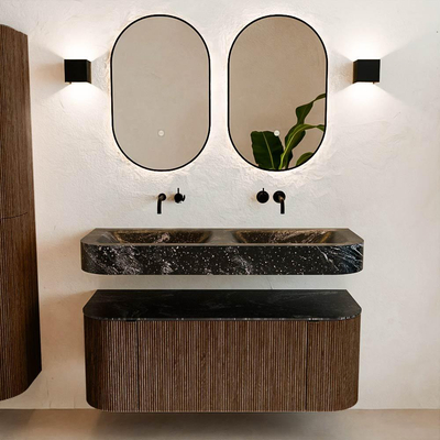 MONDIAZ THOR-DLUX 120cm badmeubel ronding links + rechts kleur Walnut met 1 lade en 2 deuren. Vrijhangende wastafel CLOUD Dubbel zonder kraangat kleur Lava.