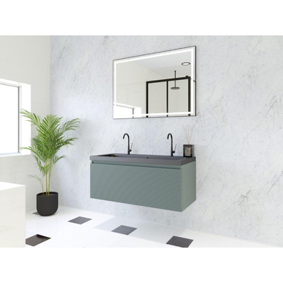 HR Matrix ensemble de meubles de salle de bain 3d 100cm 1 tiroir sans poignée avec bandeau de poignée couleur pétrole mat avec lavabo djazz 2 trous de robinetterie noir mat