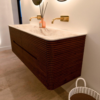 Mondiaz CIRO-DLUX Badkamermeubelset - 140x45x50cm - Solid surface wastafel Frappe - 2 wasbak Dubbel - zonder kraangaten - 4 lades - Ruby