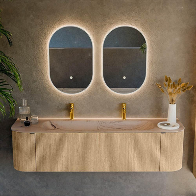 MONDIAZ KURVE-DLUX 170cm badmeubel ronding Links + Rechts kleur Oak met 1 lade en 2 deuren. Wastafel BIG LARGE Midden 2 kraangaten Arena.