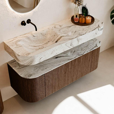 MONDIAZ THOR-DLUX 130cm badmeubel ronding links + rechts kleur Walnut met 1 lade en 2 deuren. Vrijhangende wastafel CLOUD Links zonder kraangat kleur Glace.