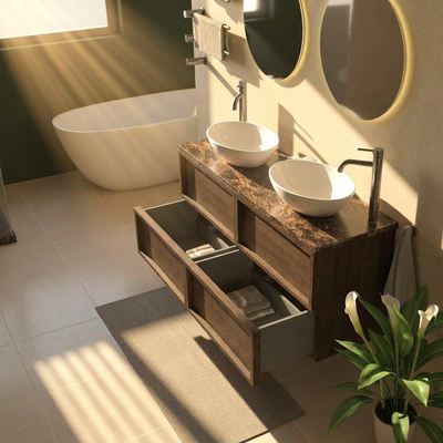 Saniclass Holz Frame Ensemble de meubles de salle de bains - 140x45x63cm - Plan de travail en pierre naturelle Noche dark emperador - 2 trous de robinetterie - 4 tiroirs - chêne charcoal mat (bois)