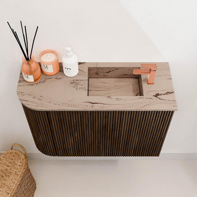 Mondiaz JOYA-DLUX Meuble de salle de bains 61,6cm - arrondi gauche couleur Walnut - Vasque FAYE position Droite 1 trou de robinet couleur Arena