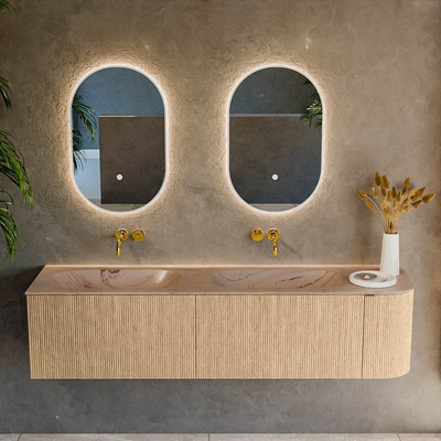 MONDIAZ KURVE-DLUX 175cm meuble de salle de bains arrondi Droite couleur Chêne avec 2 tiroirs et 1 porte. Lavabo STOR SMALL Double / Gauche sans trou de robinet Arena.