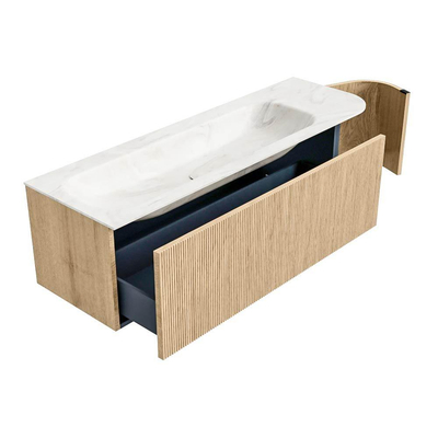 MONDIAZ KURVE-DLUX meuble de salle de bains 145cm avec module 25 R couleur Oak avec 1 tiroir et 1 porte. Lavabo BIG LARGE gauche 1 trou de robinet couleur Ostra.