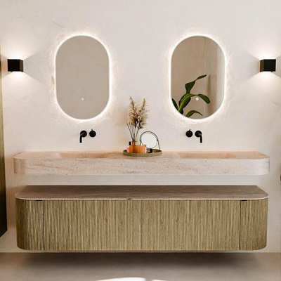 MONDIAZ THOR-DLUX Meuble de salle de bains - 200cm - arrondi gauche + droite - couleur Dusk - 2 tiroirs et 2 portes - Vasque suspendue CLOUD Double sans trou de robinet - couleur Saba