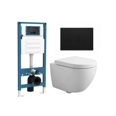 QeramiQ Dely Swirl Ensemble WC Compact - réservoir encastré QeramiQ flush - abattant 25 mm - plaque de commande en plastique noir mat - boutons rectangulaires - blanc brillant