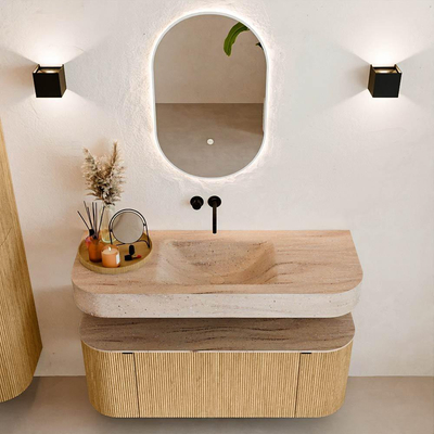MONDIAZ THOR-DLUX 120cm badmeubel ronding links + rechts kleur Oak met 1 lade en 2 deuren. Vrijhangende wastafel CLOUD Midden zonder kraangat kleur Saba.