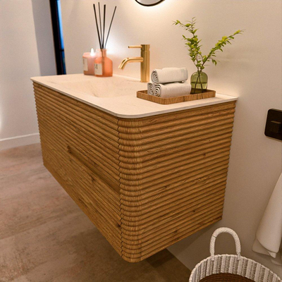 Mondiaz CIRO-DLUX Badkamermeubelset - 100x45x50cm - Solid surface wastafel Meli - 1 wasbak Midden - 1 kraangat - 2 lades - Oak