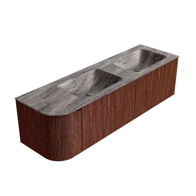 MONDIAZ KURVE-DLUX meuble de salle de bains 155cm arrondi à gauche couleur Ruby avec 2 tiroirs et 1 porte. Lavabo LEAF Double / À droite 2 trous de robinet Oza.