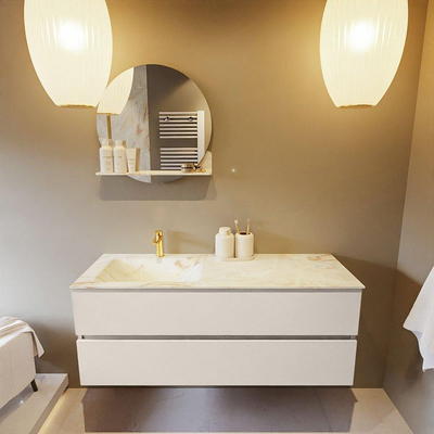 Mondiaz VICA-DLUX Ensemble de meuble de salle de bain - 130cm - meuble sous-vasque lin - 2 tiroirs - lavabo encastré nuage gauche - 1 trou de robinet - version haute de 60cm - frape