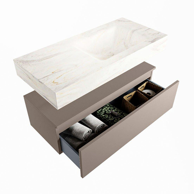 Mondiaz ALAN-DLUX Ensemble de meuble - 100cm - meuble Smoke mat - 1 tiroir - Lavabo Cloud Ostra suspendu - vasque Droite - 1 trou de robinet