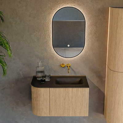 MONDIAZ KURVE 75cm Meuble salle de bain avec module 25 G - couleur Oak - 1 tiroir - 1 porte - vasque GRUNNE droite - sans trous de robinet - Urban