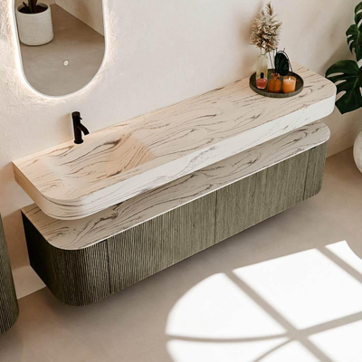 MONDIAZ THOR-DLUX 190cm meuble de salle de bains arrondi gauche + droite couleur Shadow avec 2 tiroirs et 2 portes. Vasque suspendue CLOUD Gauche 1 trou de robinet couleur Nata.