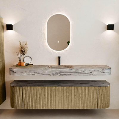 MONDIAZ THOR-DLUX Meuble de salle de bains - 180cm - arrondi gauche + droite - couleur Dusk - 2 tiroirs - 2 portes - Vasque suspendue CLOUD Milieu 1 trou de robinet - couleur Sombra