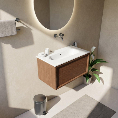 Saniclass Holz Frame Ensemble meuble de salle de bains - 80x45x53.9cm - Vasque en céramique Chaci blanche - 1 vasque - sans trou de robinet - 1 tiroir - walnut pure mat (bois)