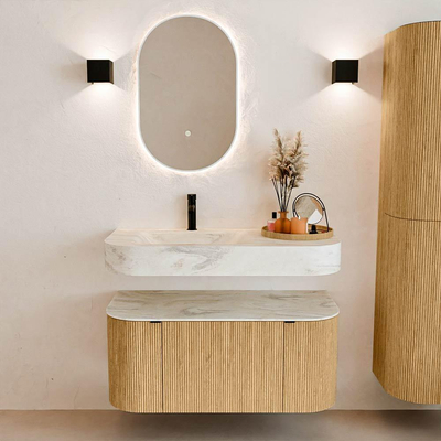 MONDIAZ THOR-DLUX 100cm meuble de salle de bains arrondi gauche + droite couleur Oak avec 1 tiroir et 2 portes. Vasque suspendue CLOUD Gauche 1 trou de robinet couleur Ostra.