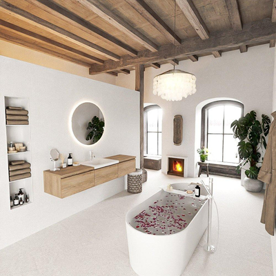 MONDIAZ BUKLA meuble de salle de bain 180 cm avec module 60 couleur Chêne blanchi avec 3 tiroirs. Lavabo CLOUD milieu 1 trou de robinet couleur Talc.