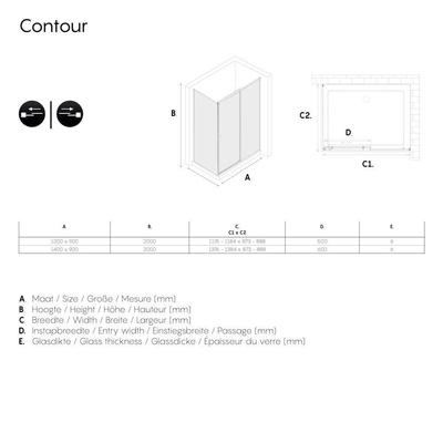 Sealskin Contour schuifdeur met zijwand 140x90 cm, 200 cm hoog, RVS, 6 mm helder veiligheidsglas