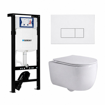 QeramiQ Dely Swirl Toiletset - 36.3x51.7cm - Geberit UP320 plieger inbouwreservoir - slim zitting - mat witte metalen bedieningsplaat - rechthoekige knoppen - glans wit