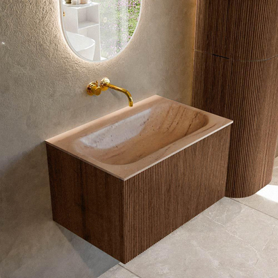 MONDIAZ KURVE-DLUX 70cm badmeubel kleur Walnut met 1 lade en 0 deuren. Wastafel BIG SMALL Midden zonder kraangat Saba.
