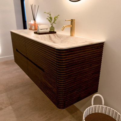 Mondiaz CIRO-DLUX Badkamermeubelset - 140x45x50cm - Solid surface wastafel Frappe - 1 wasbak Rechts - 1 kraangat - 4 lades - Walnut
