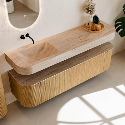 MONDIAZ THOR-DLUX 170cm meuble de salle de bains arrondi gauche + droite couleur Oak avec 1 tiroir et 2 portes. Vasque suspendue CLOUD Gauche sans trou de robinet couleur Saba.