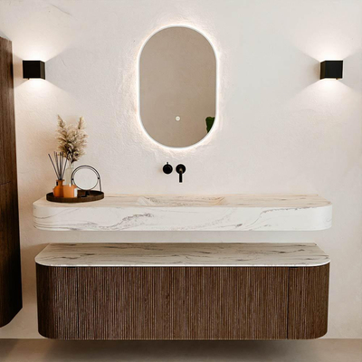 MONDIAZ THOR-DLUX 160cm meuble de salle de bains arrondi gauche + droite couleur Walnut avec 1 tiroir et 2 portes. Vasque suspendue CLOUD Milieu sans trou de robinet couleur Nata.