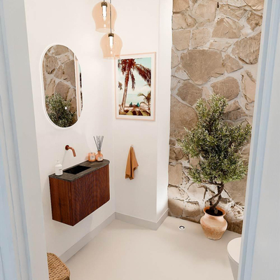 Mondiaz JOYA-DLUX 61.6cm toiletmeubel - ronding rechts kleur Ruby - Wastafel FAYE positie Links Zonder kraangat kleur Lava.