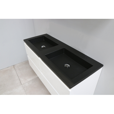 Basic Bella Meuble salle de bains avec lavabo acrylique Noir avec armoire toilette 2 portes gris 120x55x46cm sans trous de robinet Blanc brillant