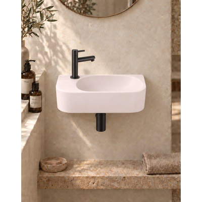 QeramiQ Fuente pack lave-mains – demi-rond – 40 x 22 x 12 cm – céramique lin – perçage à gauche – robinet noir mat