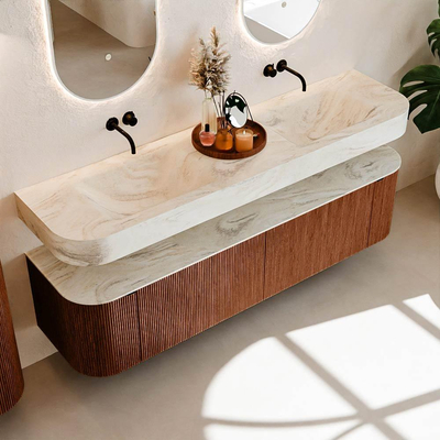 MONDIAZ THOR-DLUX 180cm meuble de salle de bains arrondi gauche + droite couleur Ruby avec 2 tiroirs et 2 portes. Vasque suspendue CLOUD Double sans trou de robinet couleur Ostra.