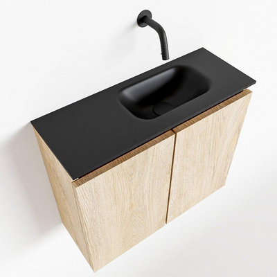 MONDIAZ TURE Fonteinset - 60x23x50cm - 0 kraangaten - 2 deuren - washed oak mat - Wasbak rechts - Solid Surface Zwart