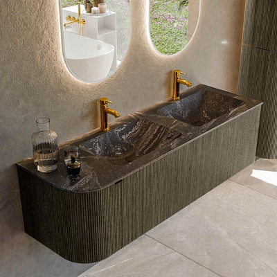 Mondiaz KURVE-DLUX Badkamermeubelset - 145x46x40cm - 1 lade - 1 deur - wastafel solid surface - dubbel / rechts - 2 kraangaten - Shadow