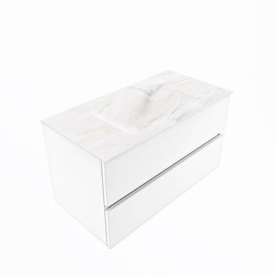 Mondiaz VICA-DLUX Ensemble de meuble de salle de bain - 90cm - meuble sous-vasque talc - 2 tiroirs - lavabo encastrée cloud milieu - sans trous de robinet - version haute de 60cm - ostra