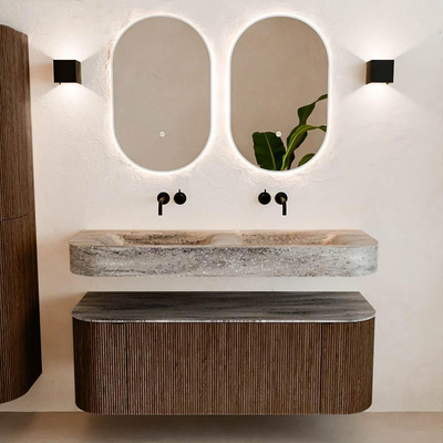 MONDIAZ THOR-DLUX 130cm badmeubel ronding links + rechts kleur Walnut met 1 lade en 2 deuren. Vrijhangende wastafel CLOUD Dubbel zonder kraangat kleur Oza.